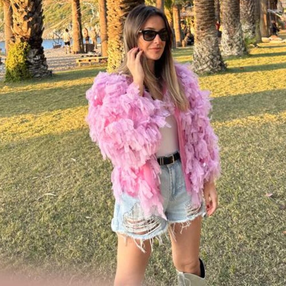 💥SHOWSTOPPER💥Jazzy 20's Flapper Style Fluffy Tiered Sequined Jacket in Pink - Picture 6 of 16